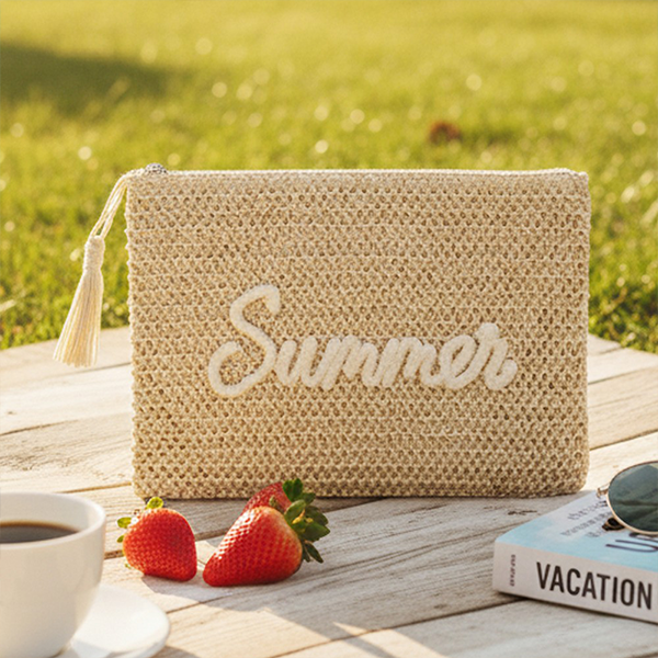Women Straw Summer Embroidered Pouch Beach Bag Small Handbag Travel Ac