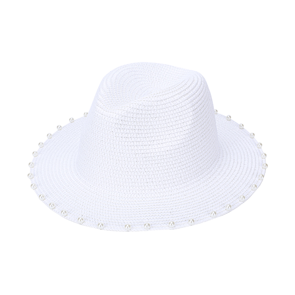 Fedora Straw Hat Ivory Pearl Trim H3036 Summer Sun Beach Travel Access