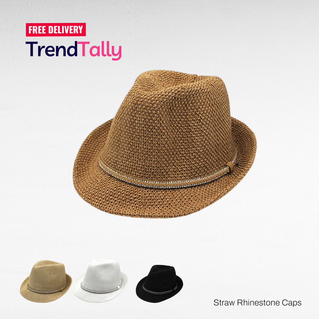 Straw Fedora Sun Hat Rhinestone Band Lightweight Summer Beach Hat Pana
