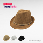 Straw Fedora Sun Hat Rhinestone Band Lightweight Summer Beach Hat Pana