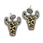 Western Longhorn Leopard Print Drop Earrings Silver Tone Post Stud Boh