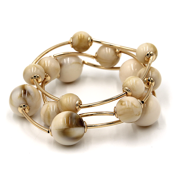 3pc Marble Orb Bead Stretch Bracelet Set Gold Tone Round Ball Bangles