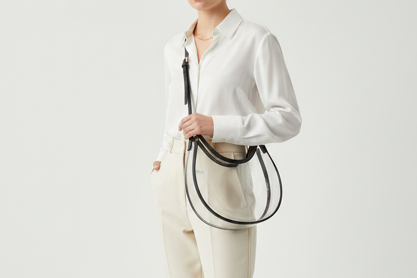 Clear handbag with black handle and trim on a light gray background
