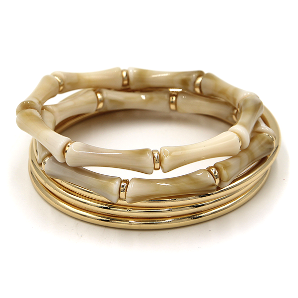 5Pc Gold Bamboo Bangle Bracelet Set Link Style Black Brown Beige Stack