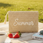Women Straw Summer Embroidered Pouch Beach Bag Small Handbag Travel Ac