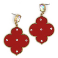 Quatrefoil Drop Leather Red Earrings – Rhinestone Accent, Trendy Sta