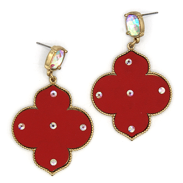 Quatrefoil Drop Leather Red Earrings – Rhinestone Accent, Trendy Sta