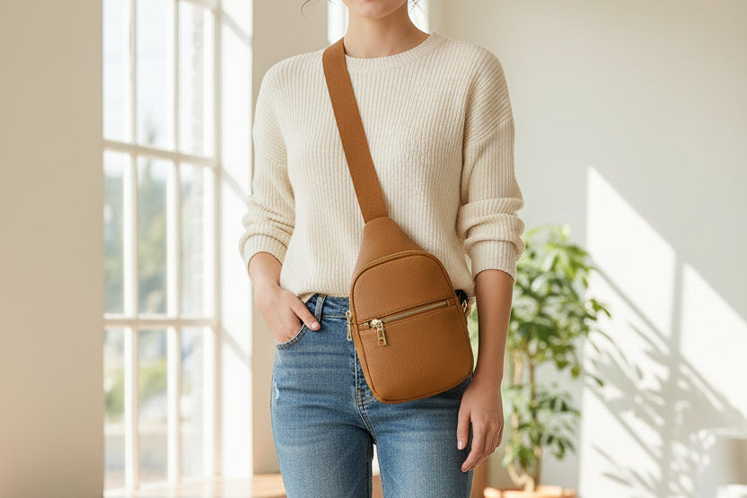 Brown crossbody bag with gold zipper on a light background