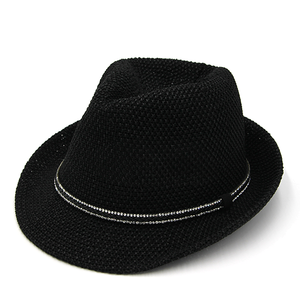 Straw Fedora Sun Hat Rhinestone Band Lightweight Summer Beach Hat Pana