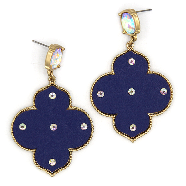 Quatrefoil Drop Leather Red Earrings – Rhinestone Accent, Trendy Sta