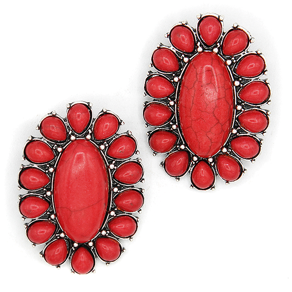 Western Stone Cluster Concho Earrings Silver Red White Turquoise Boho