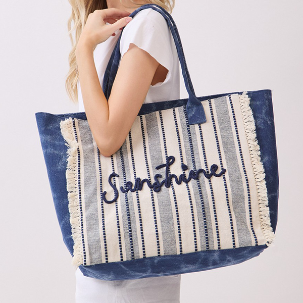 Toami Vintage Sunshine Stripe Fringe Tote Bag Beach Shopper Boho Large