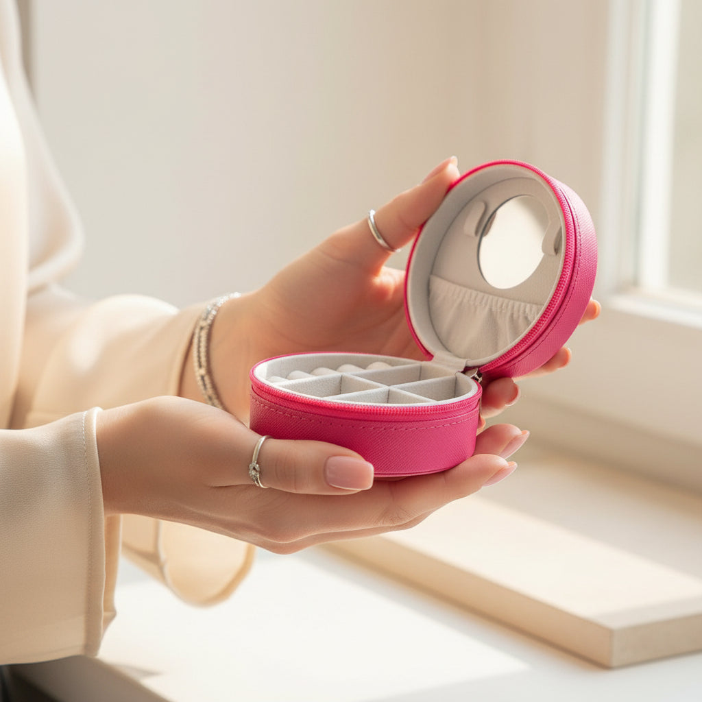 Pink jewelry case with compartments on a white background