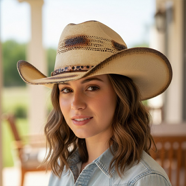 Distressed Two-Tone Leopard Star Band Ivory Cowboy Hat Western Fashion