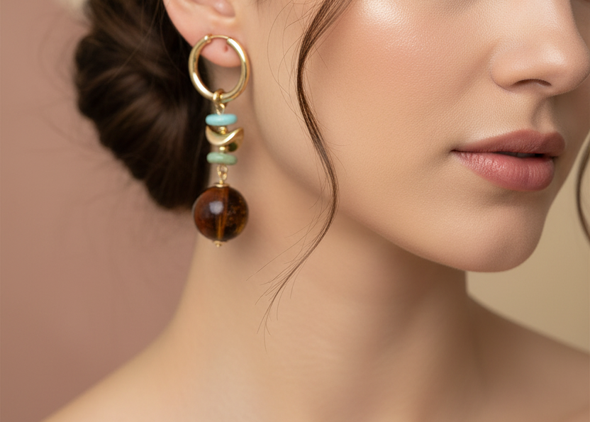 Pair of gold hoop earrings with turquoise and brown beads on a white background