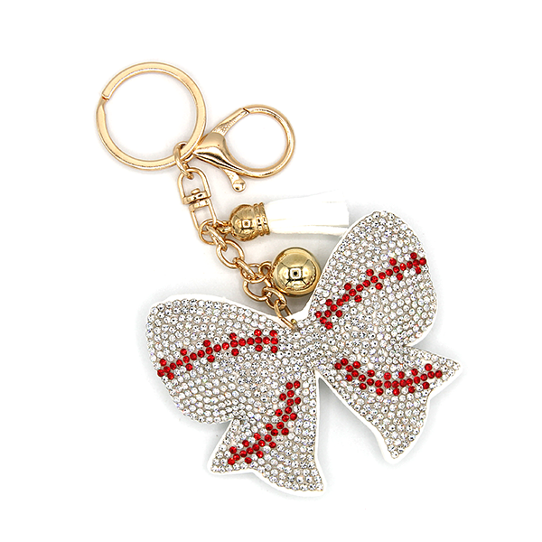 Softball Bow Rhinestone Bag Charm Keychain Gameday Bling Sports Fan Gi