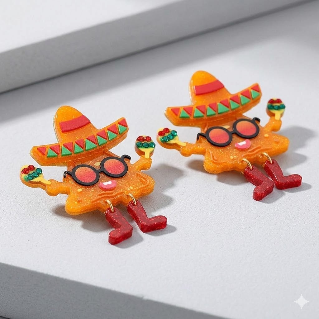 Glitter Resin Dancing Nacho Earrings Cute Food Jewelry Fun Statement