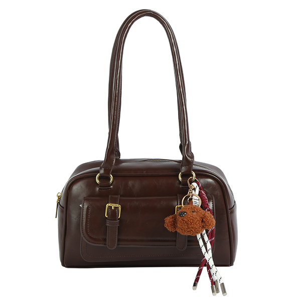 Front Buckle Pocket Boston Satchel Bag Charm Top Handle Coffee Brown