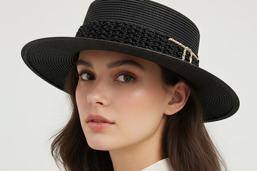 Black straw hat with a gold chain on a white background