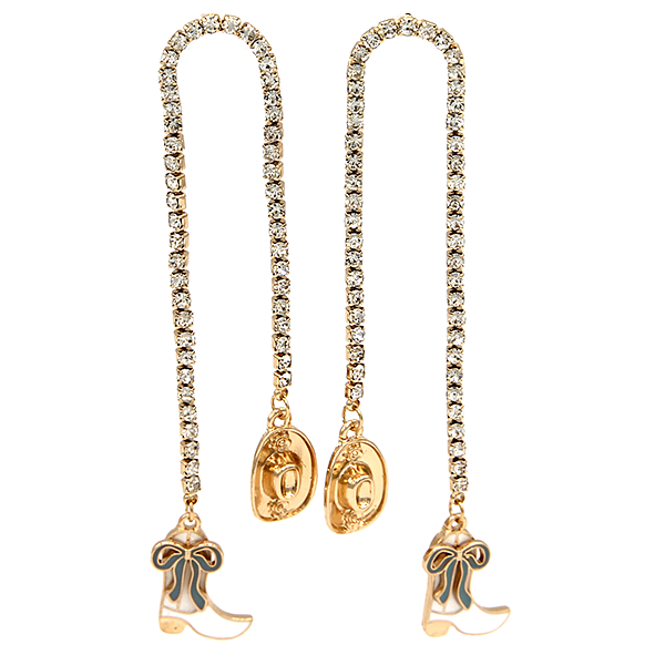 Gold Rhinestone Arch Cup Chain Earrings Western Cowgirl Statement Dangles drop "3.25" L x ."6" W