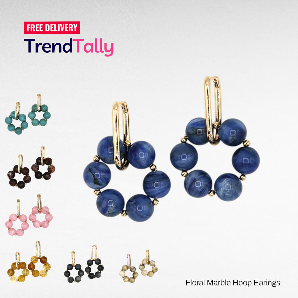 Boho Floral Marble Hoop Earrings Post Stud Geometric Flow
