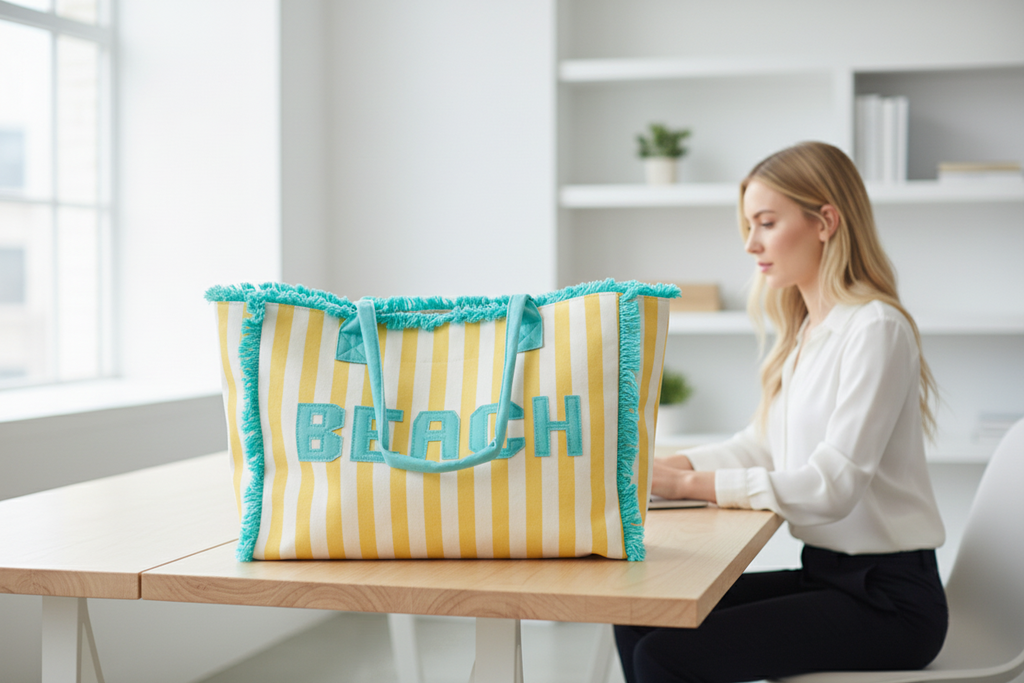 Person holding a yellow and white striped beach bag with teal text and trim.
