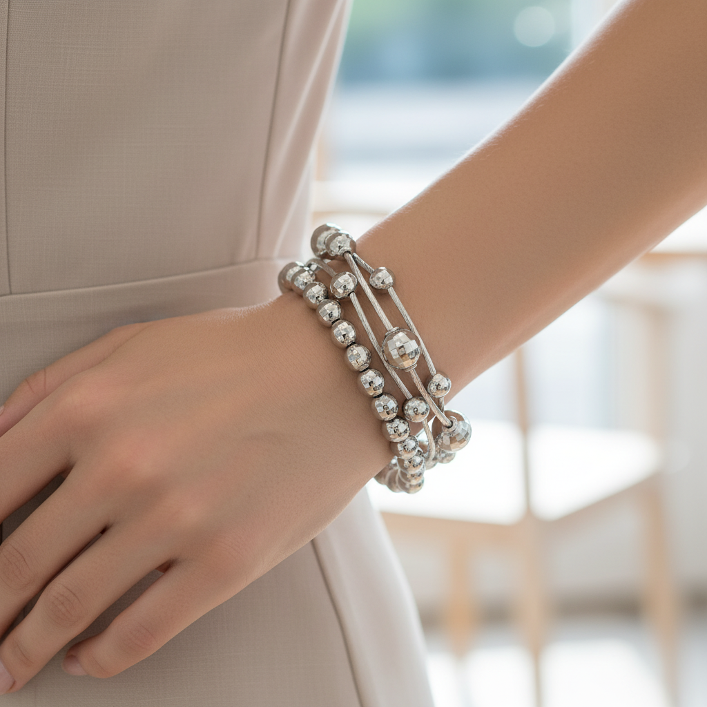 Silver beaded bracelet on a white background