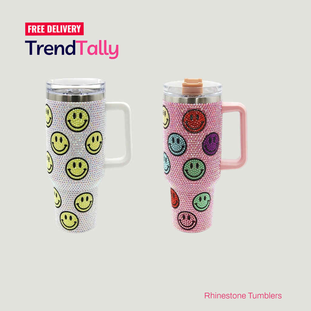 Rhinestone Happy Face 40 oz Tumbler Yellow Pink Ombre Insulated Cup wi
