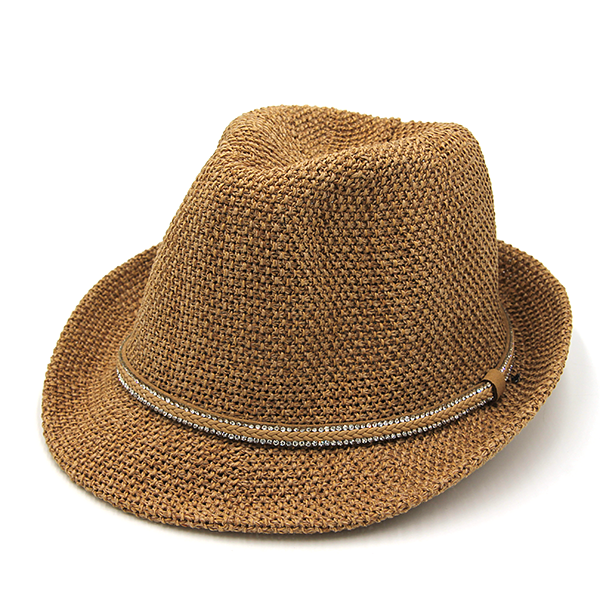 Straw Fedora Sun Hat Rhinestone Band Lightweight Summer Beach Hat Pana