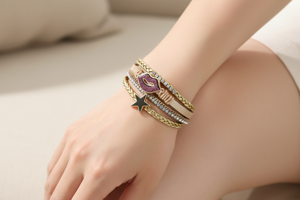 Multistrand bracelet with star and lip design charm on a white background