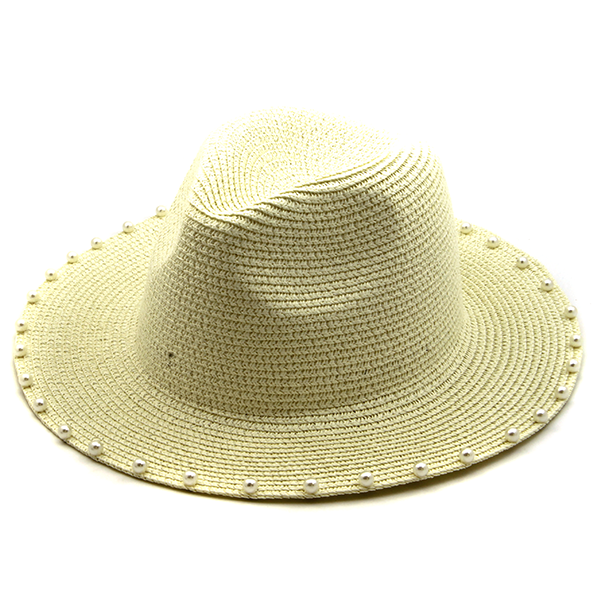 Fedora Straw Hat Ivory Pearl Trim H3036 Summer Sun Beach Travel Access