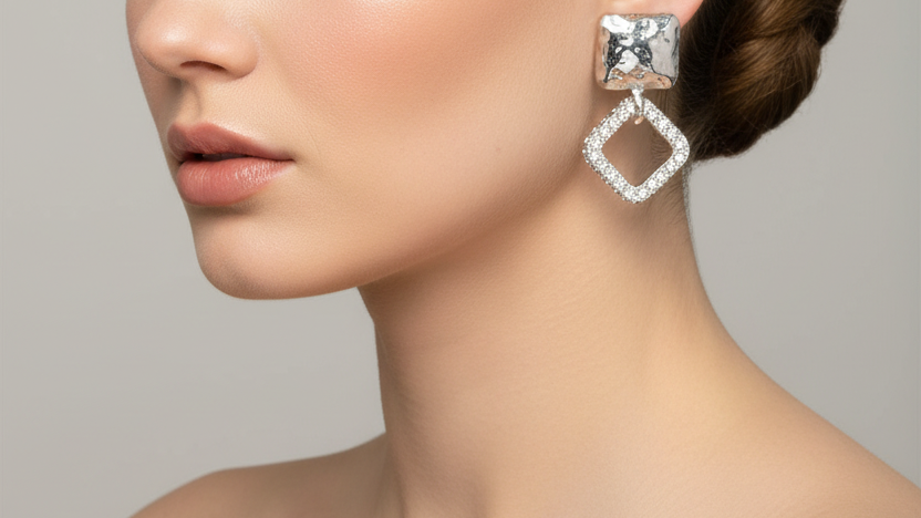 Silver square-shaped earrings with clear gemstones on a white background