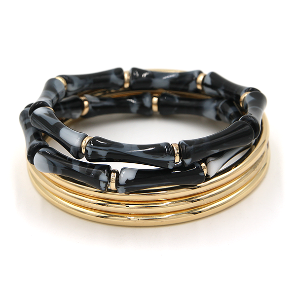 5Pc Gold Bamboo Bangle Bracelet Set Link Style Black Brown Beige Stack