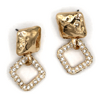 Hammered Gold Square Earrings Rhinestone Statement Dangle Textured Met