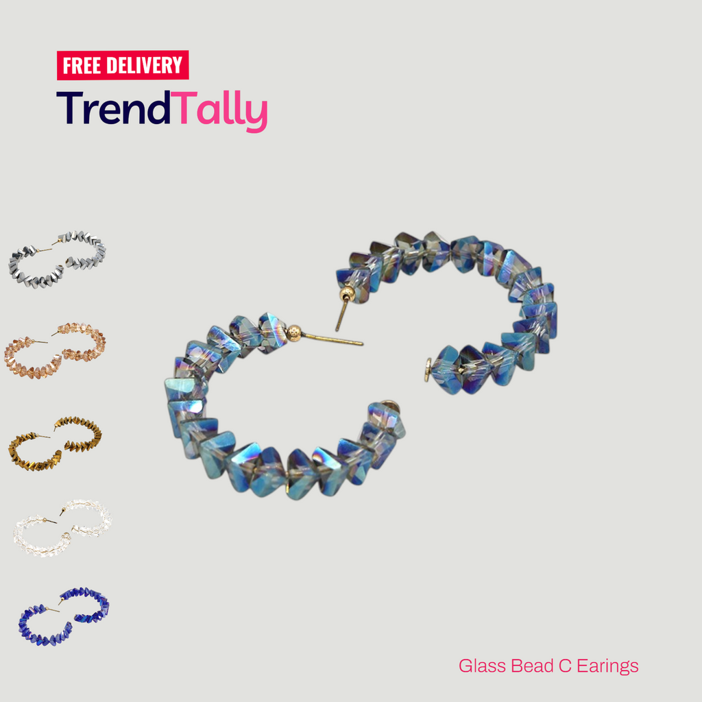 Crystal Glass Bead Hoop Earrings - C-Shaped Iridescent Statement