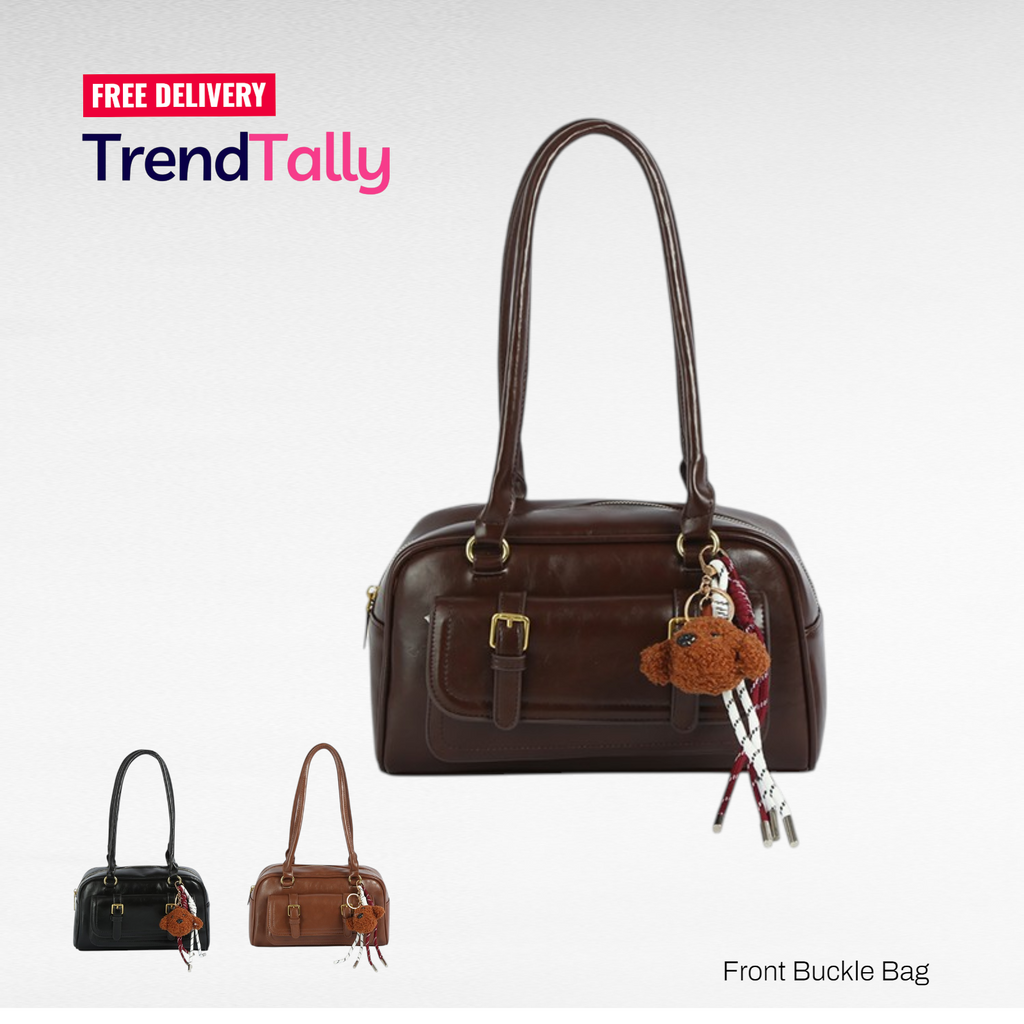 Front Buckle Pocket Boston Satchel Bag Charm Top Handle Coffee Brown