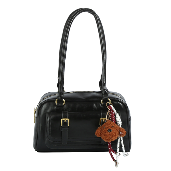 Front Buckle Pocket Boston Satchel Bag Charm Top Handle Coffee Brown
