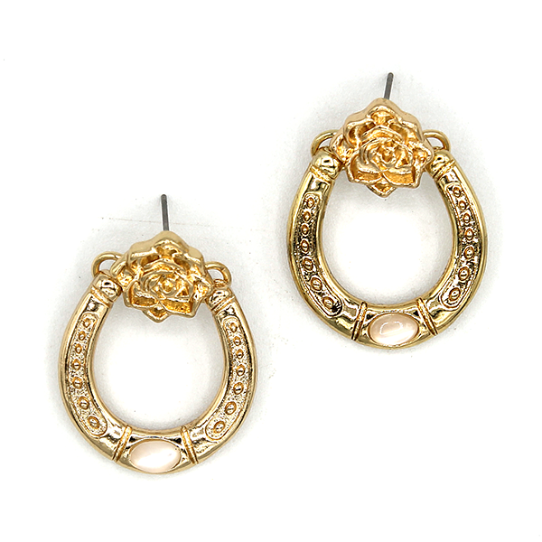 Western Rose Horseshoe Dangle Gold Earrings for Women