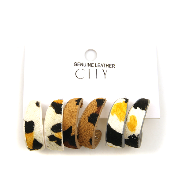 City Leather C Stud Earring Set 3 Pairs Leopard Print Gold Tone Animal