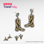 Western Longhorn Leopard Print Drop Earrings Silver Tone Post Stud Boh