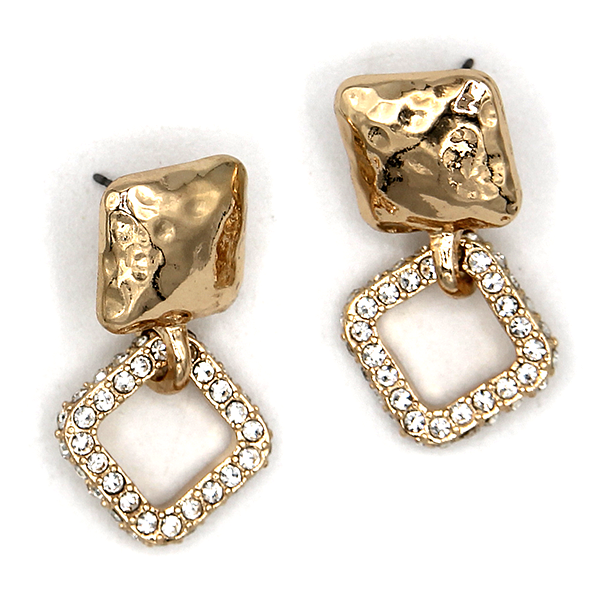 Hammered Gold Square Earrings Rhinestone Statement Dangle Textured Met