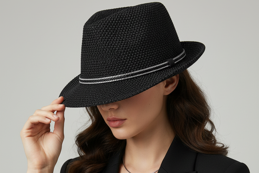 Black knit fedora hat with a white rim on a white background