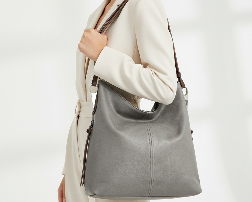 Gray handbag with brown straps on a white background