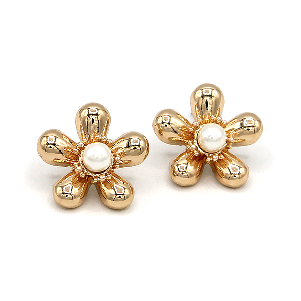 Vintage Bubbly Floral Center Pearl Earrings Gold Silver Two-Tone State