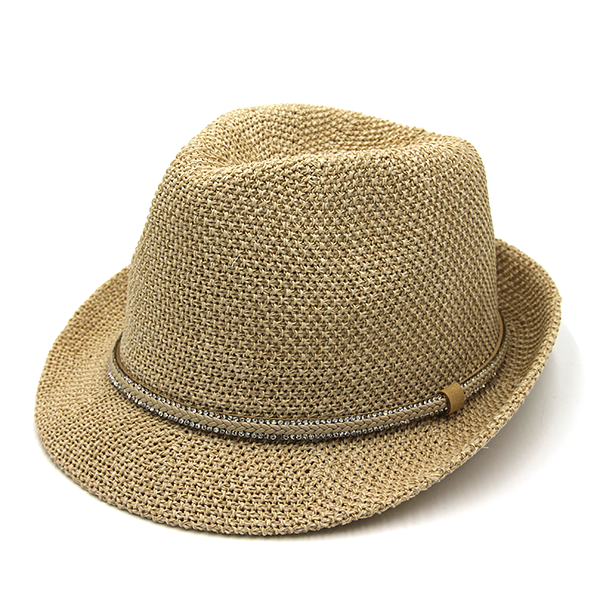 Straw Fedora Sun Hat Rhinestone Band Lightweight Summer Beach Hat Pana