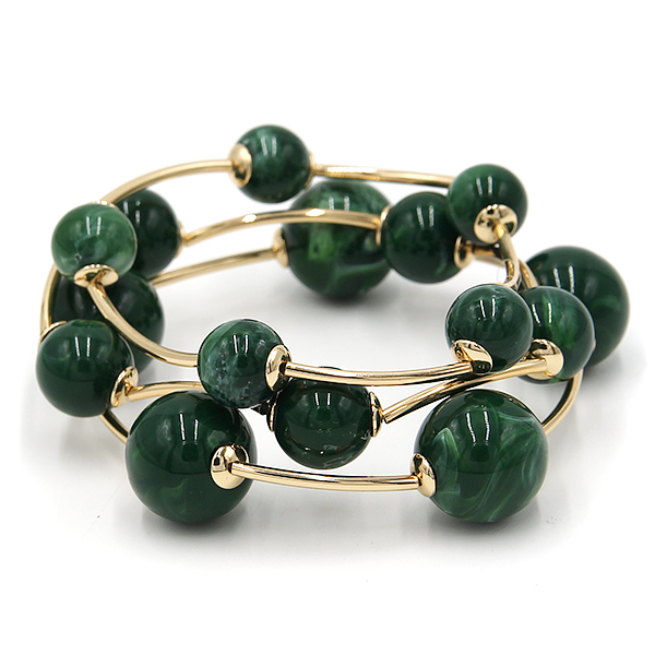 3pc Marble Orb Bead Stretch Bracelet Set Gold Tone Round Ball Bangles