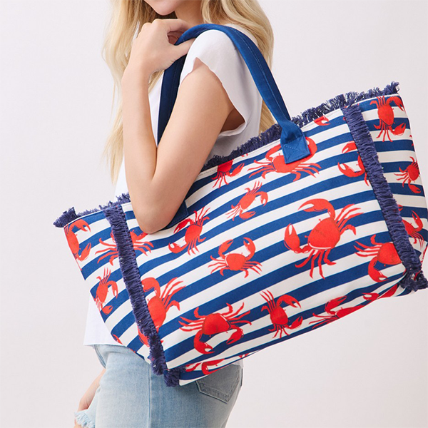 Toami Crab Stripe Fringe Tote Bag Beach Shopper Navy Blue Pink Large