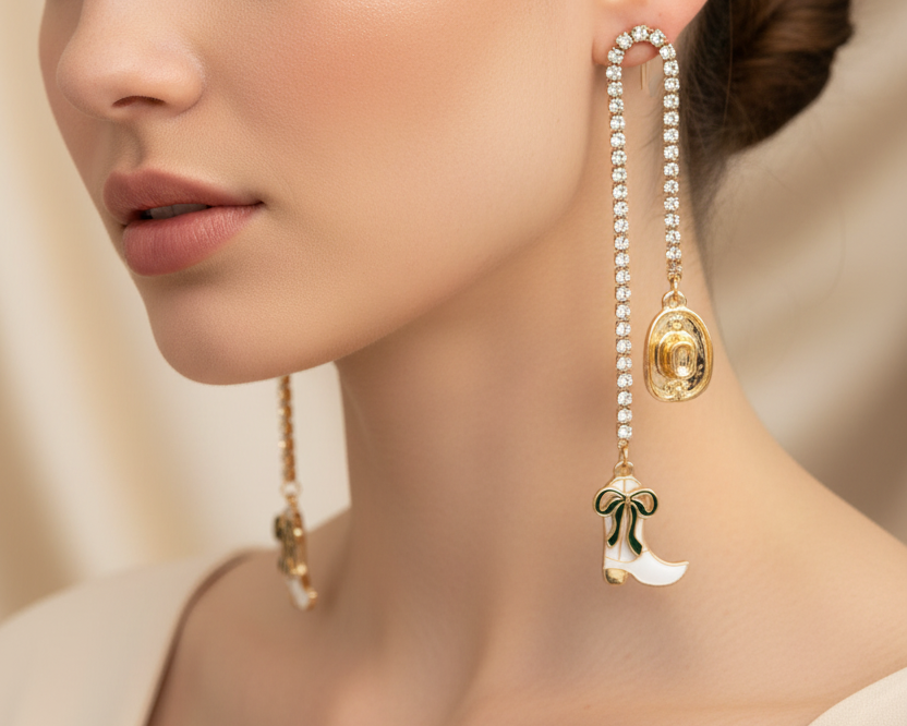Gold earrings with cowboy boot and bow design on a white background