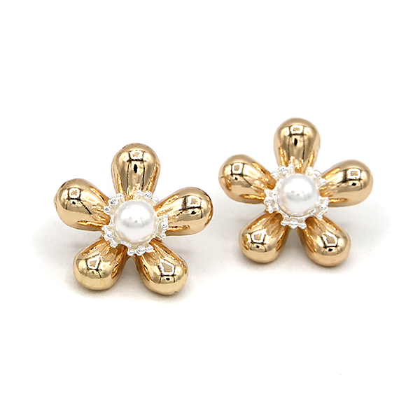 Vintage Bubbly Floral Center Pearl Earrings Gold Silver Two-Tone State