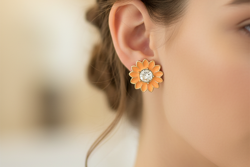 Orange sunflower-shaped earrings with clear gemstones on a white background